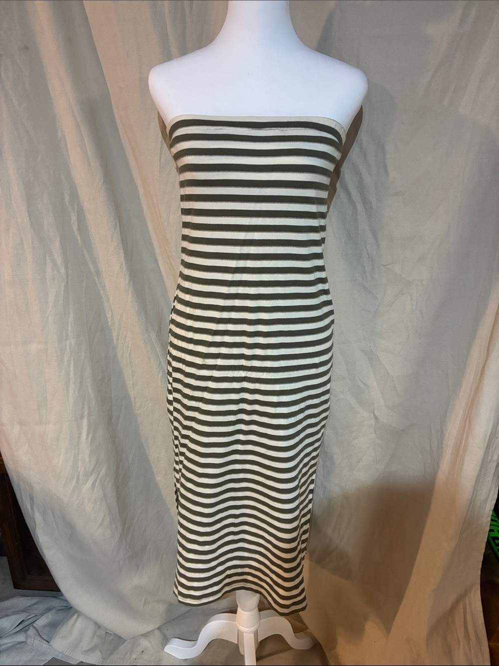 RVCA Olive and Cream Strapless Midi Tube Dress